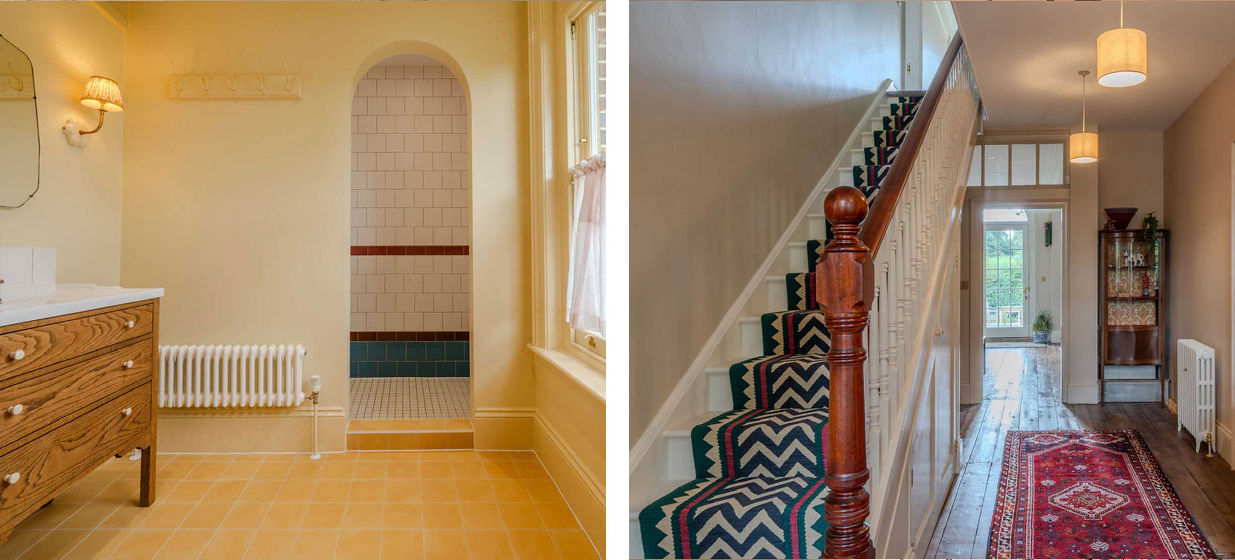Two pictures side by side, one of a yellow walled bathroom that also has yellow floor tiles. The other is of a hallway with a staircase that has a black and white chevron patterned stair runner.