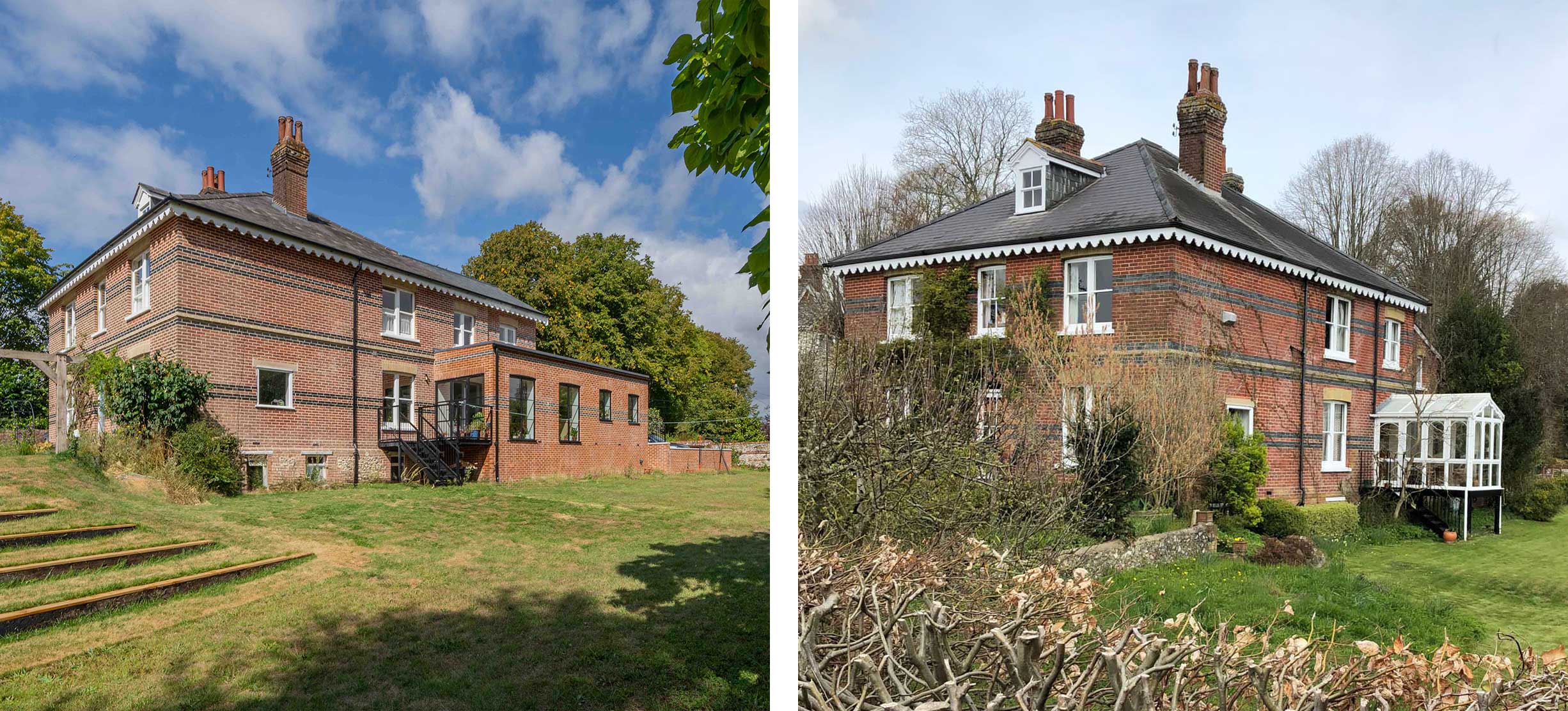 Red brick building with black brick bands with single storey side extension