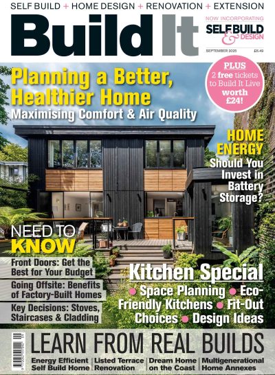 A magazine front cover for Build It magazine showing a black clad two storey home - Build It / September 2025