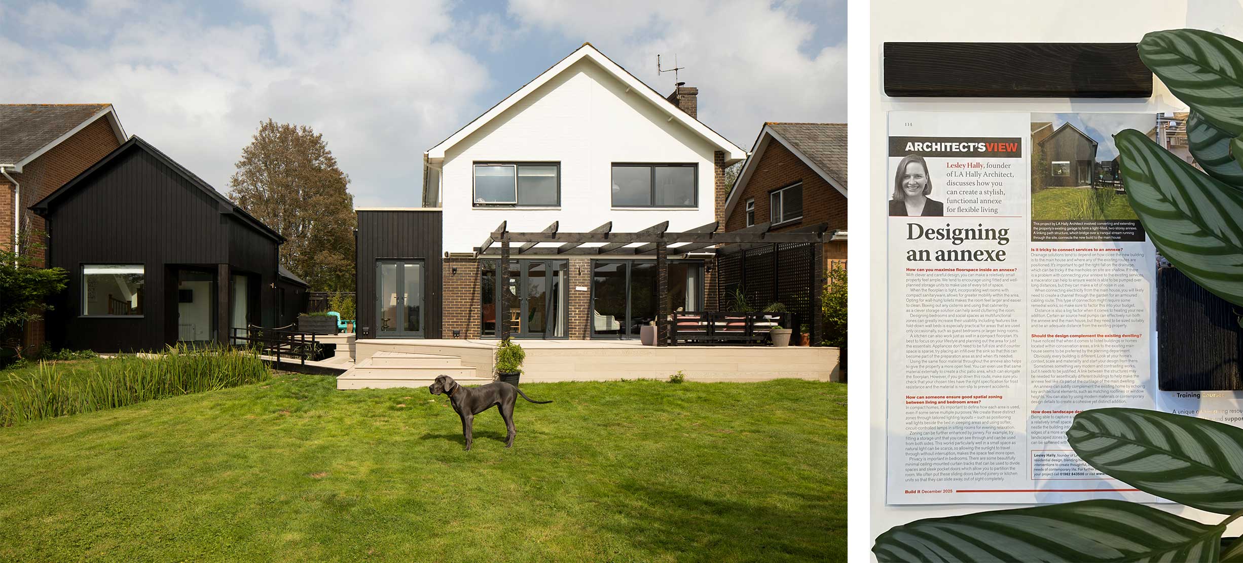 A picture of a white render and brown brick house with a black timber clad extension and annexe with a dog stood on a grass lawn to the front. Next to this picture is a picture of a magazine spread surrounded by a prayer plant.