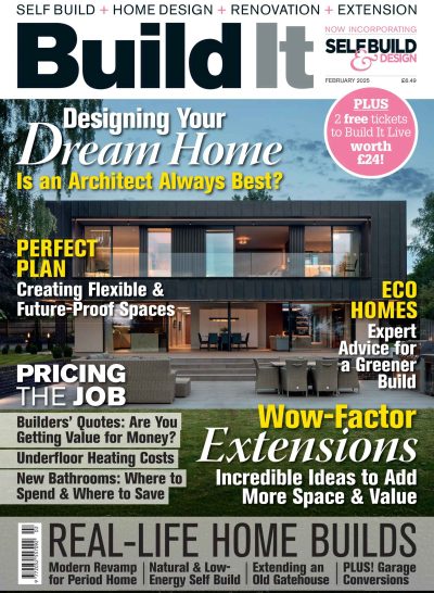 A Magazine front cover with a large dark modern house featured - Build It / February 2025