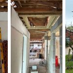 Pictures of a building site showing both the inside and the outside of a building under renovation. Exposed brick & block work can be seen and timber stud work walls.