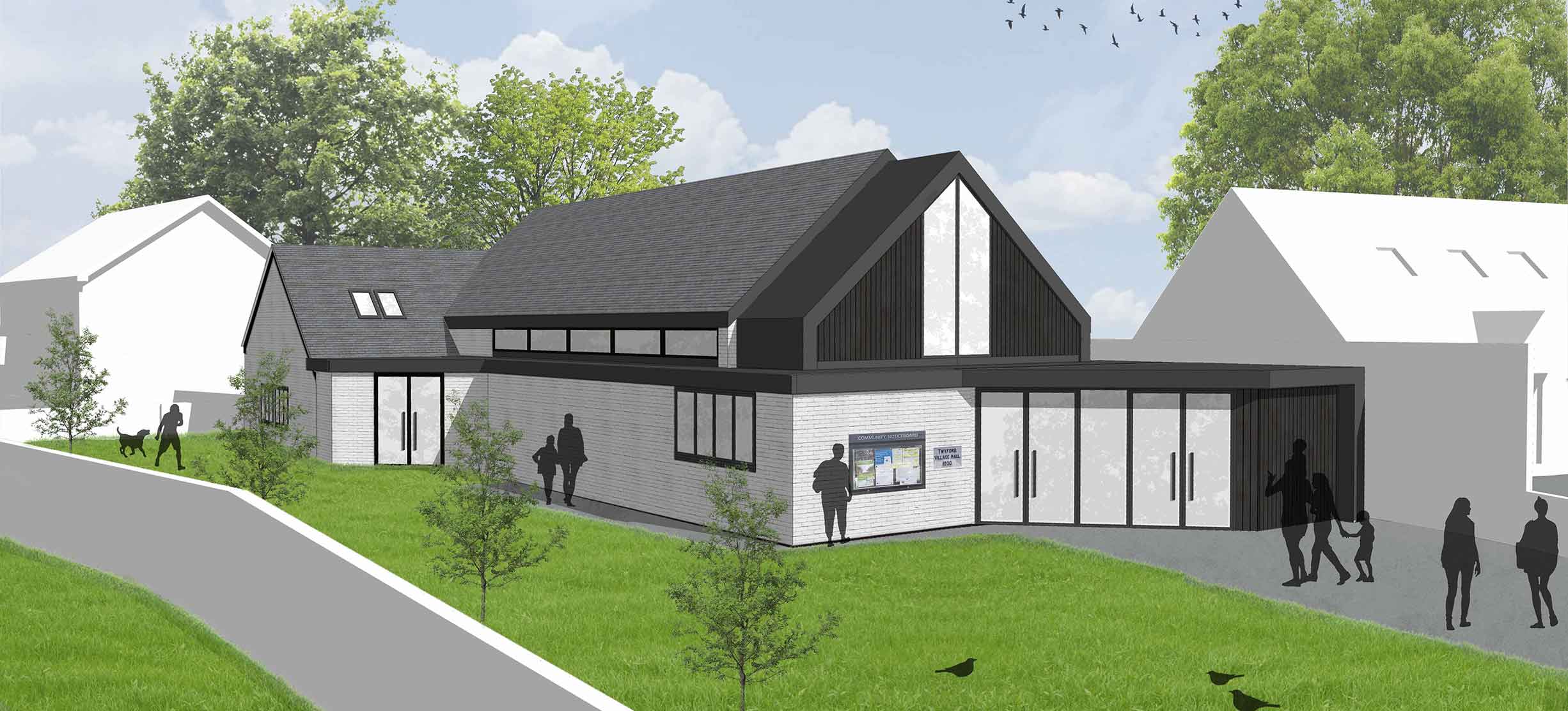 Architectural Render of a Partial New Build Community Hall Renovation in Twyford Reading