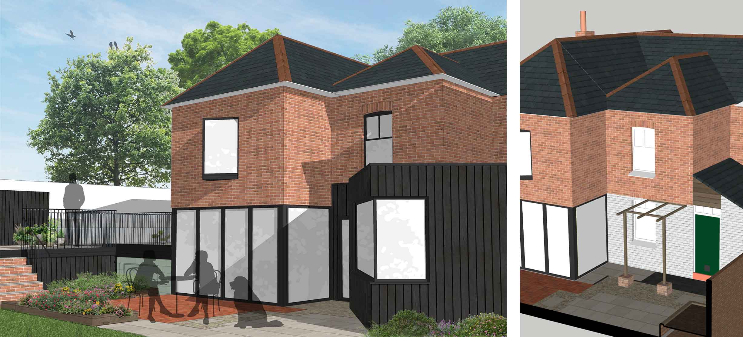 Architectural Render of a Red Brick House with an angled Single Storey Extension clad in Black Cladding