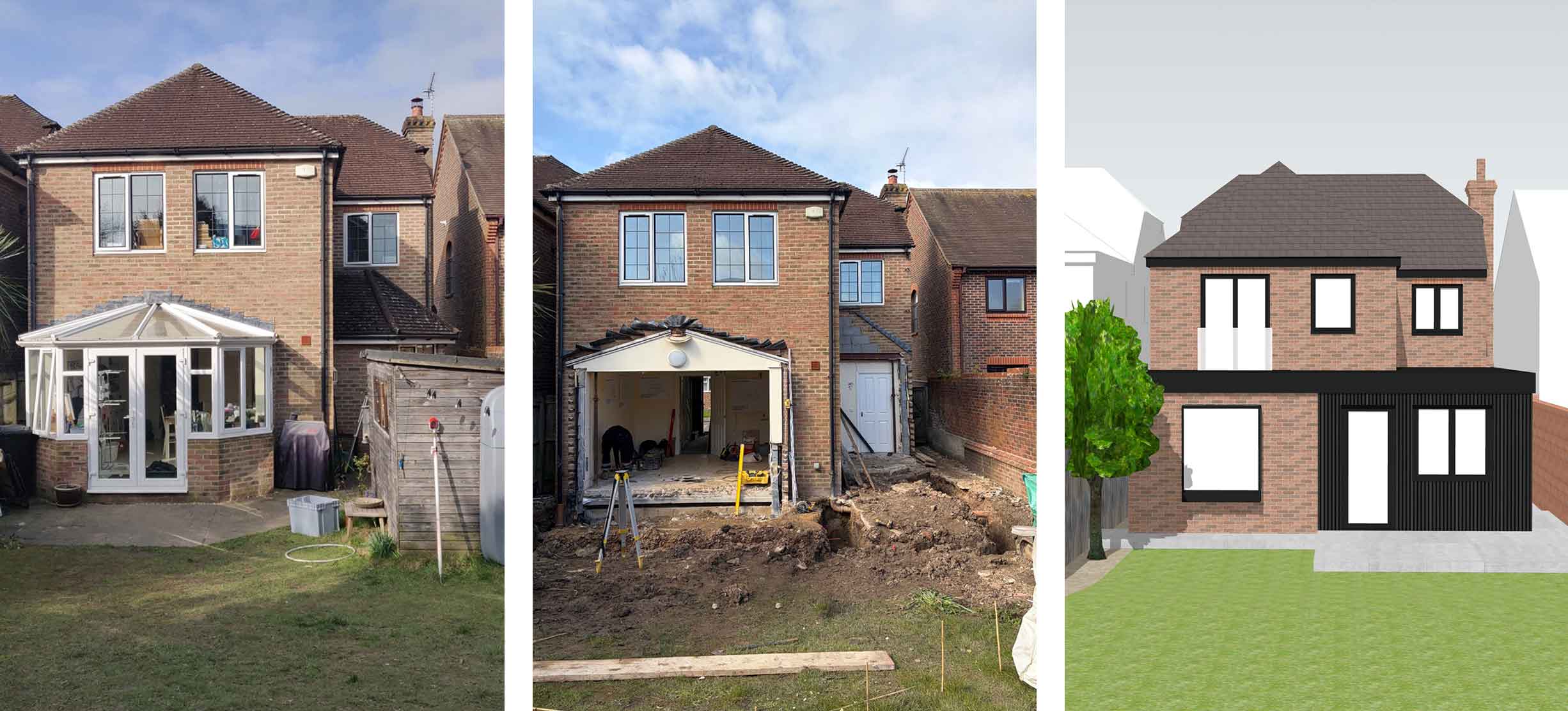Two photographs and an architectural rendering of the same two storey brick detached house before, during, and after undergoing building works.