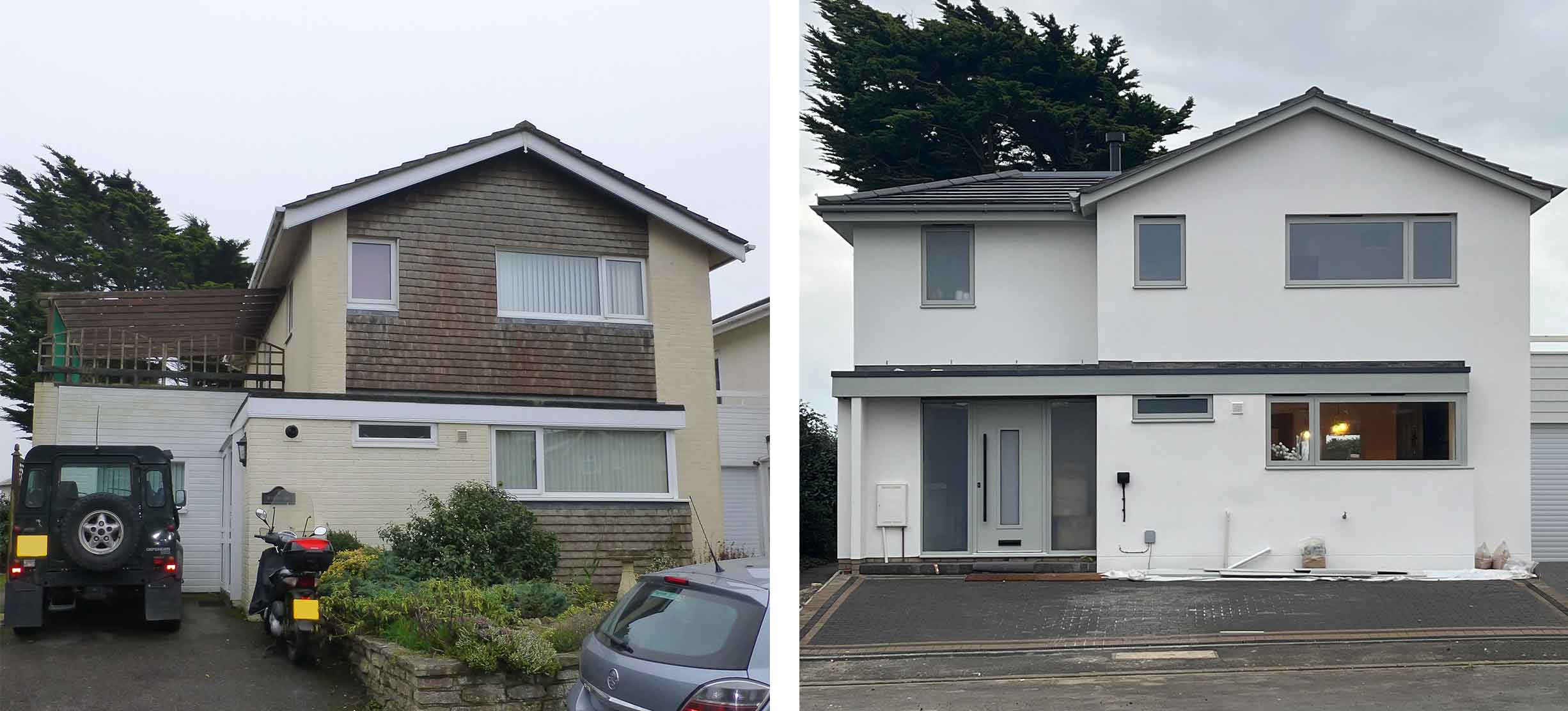 Two pictures showing the before and after of the same house. The two storey house was yellow render with areas of brown cladding and white windows whereas the renovated house has been extended and finished in white render with grey windows.