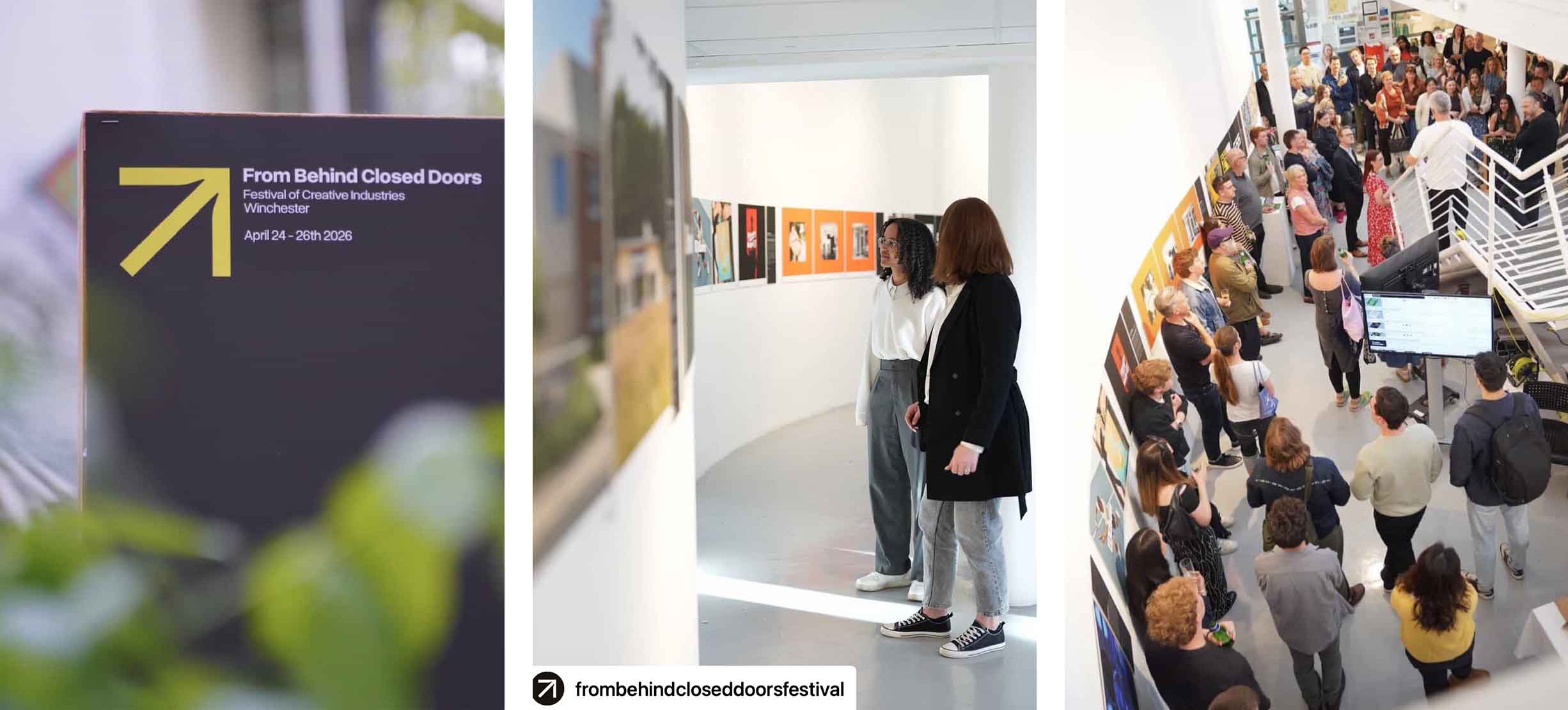 A collection of images showing a sign, two people looking at a wall of art, and a crowd of people.