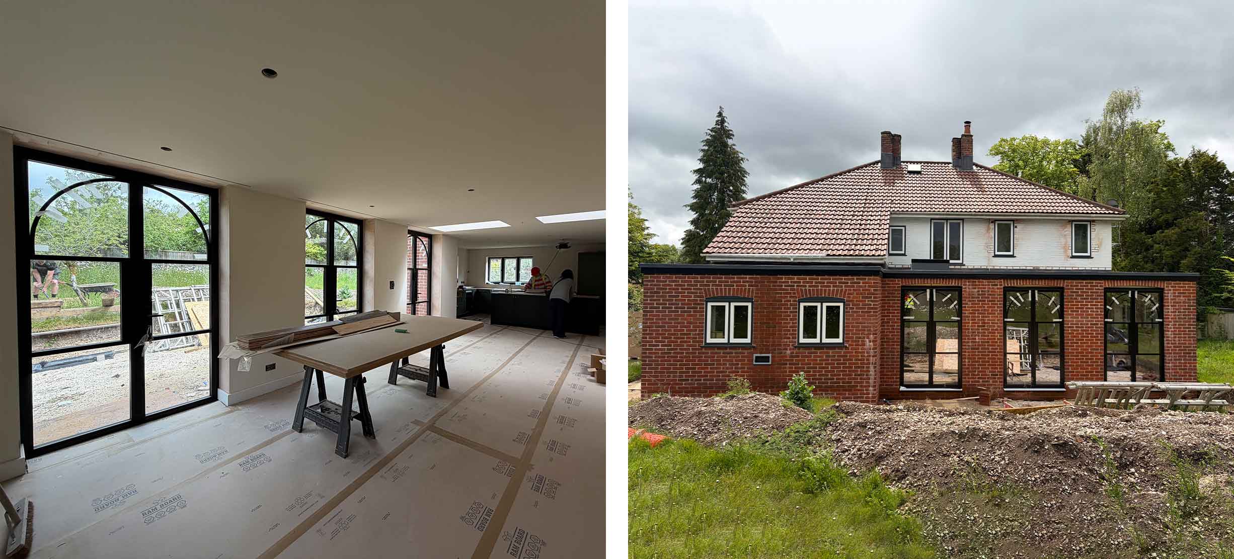 A picture of the inside of a house undergoing building works next to another picture of the same house from the outside.