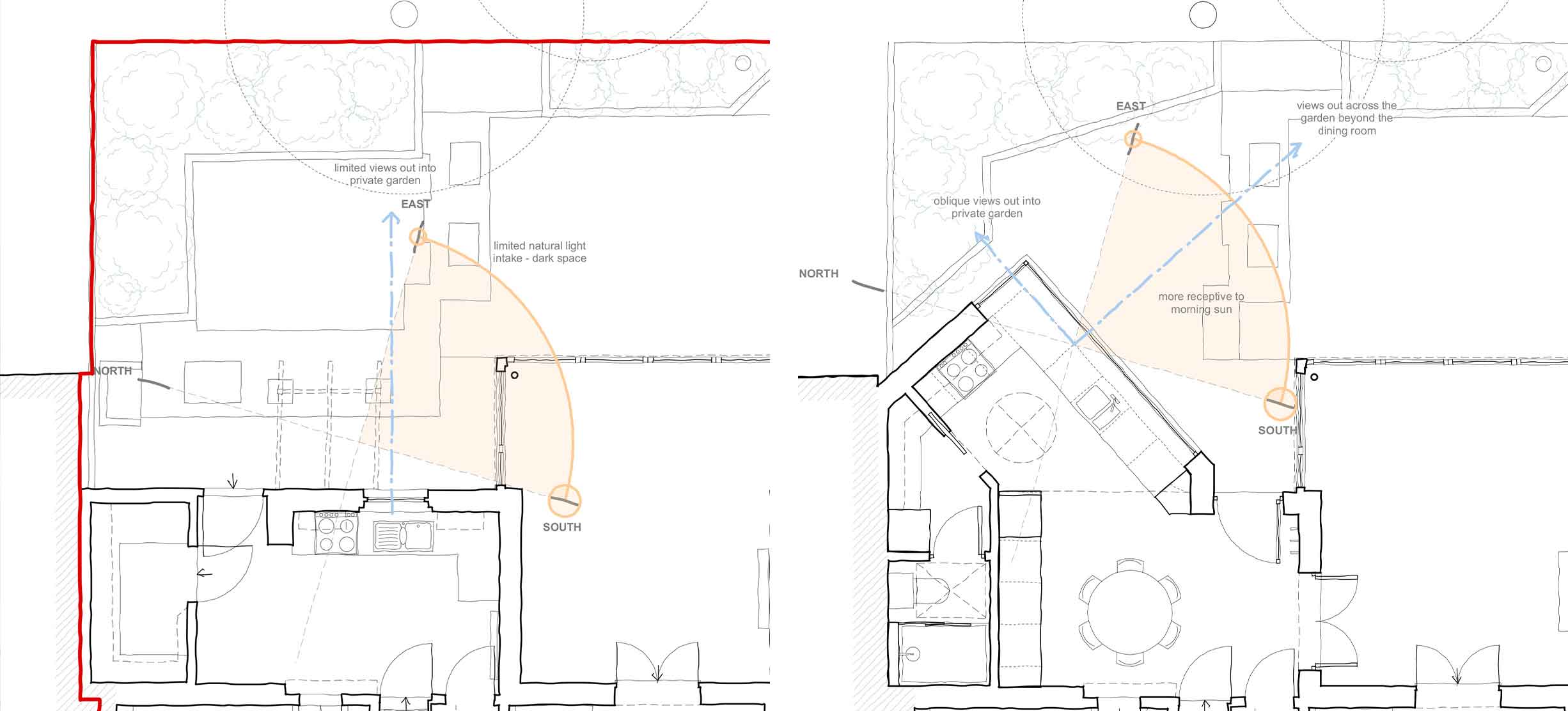 Two line drawing site plans showing the cardinal directions superimposed onto a floor plan. One with an extension and one without.