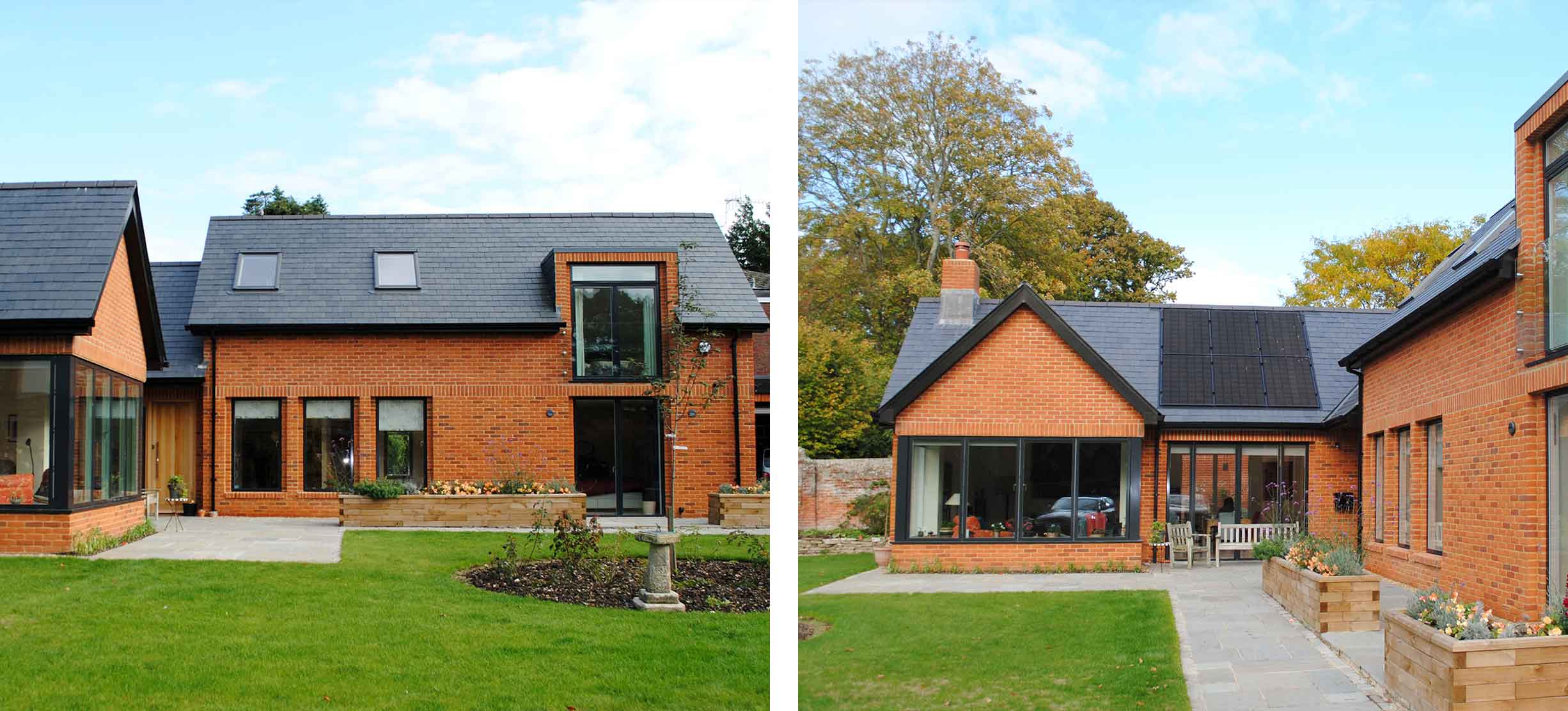 Two images side by side of the same orange brick and slate roof house.