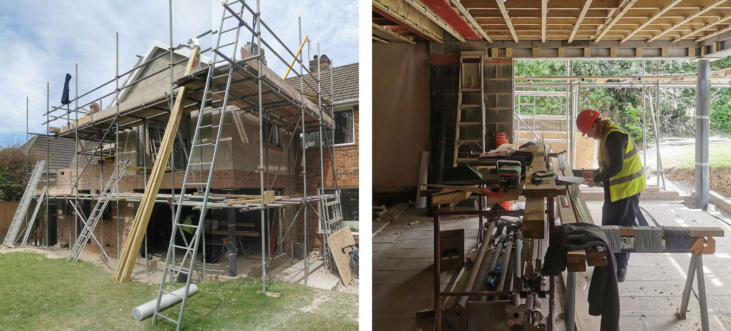 Two pictures of a house currently under construction, one from the outside and one from the inside.