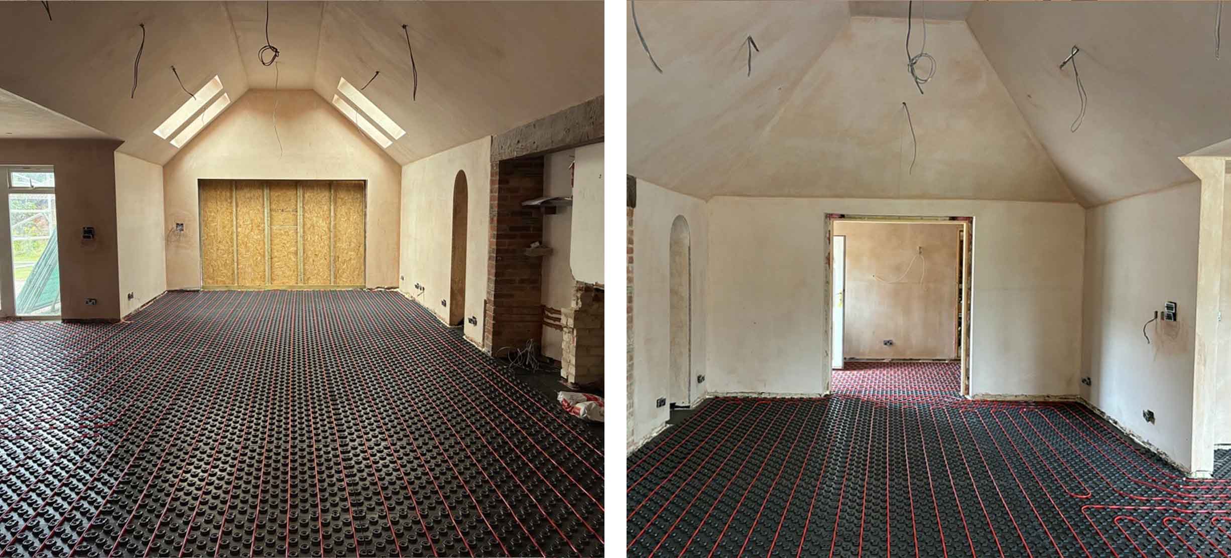 Two pictures of a room under construction with a black floor and plastered walls and ceilings.