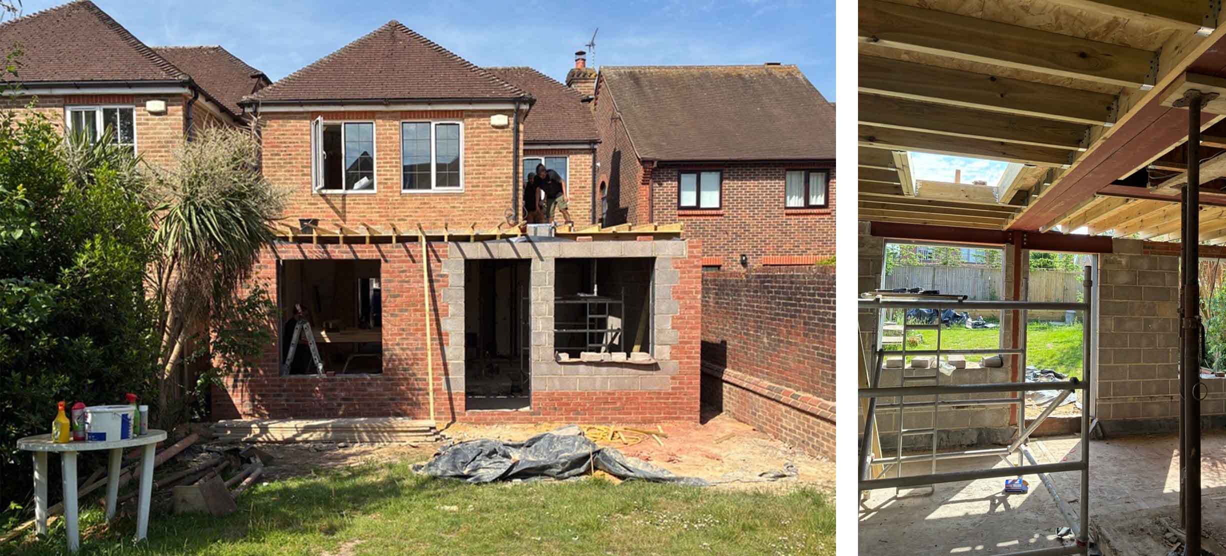 Two pictures of a single storey brick extension under construction, one from the inside and one from the outside.