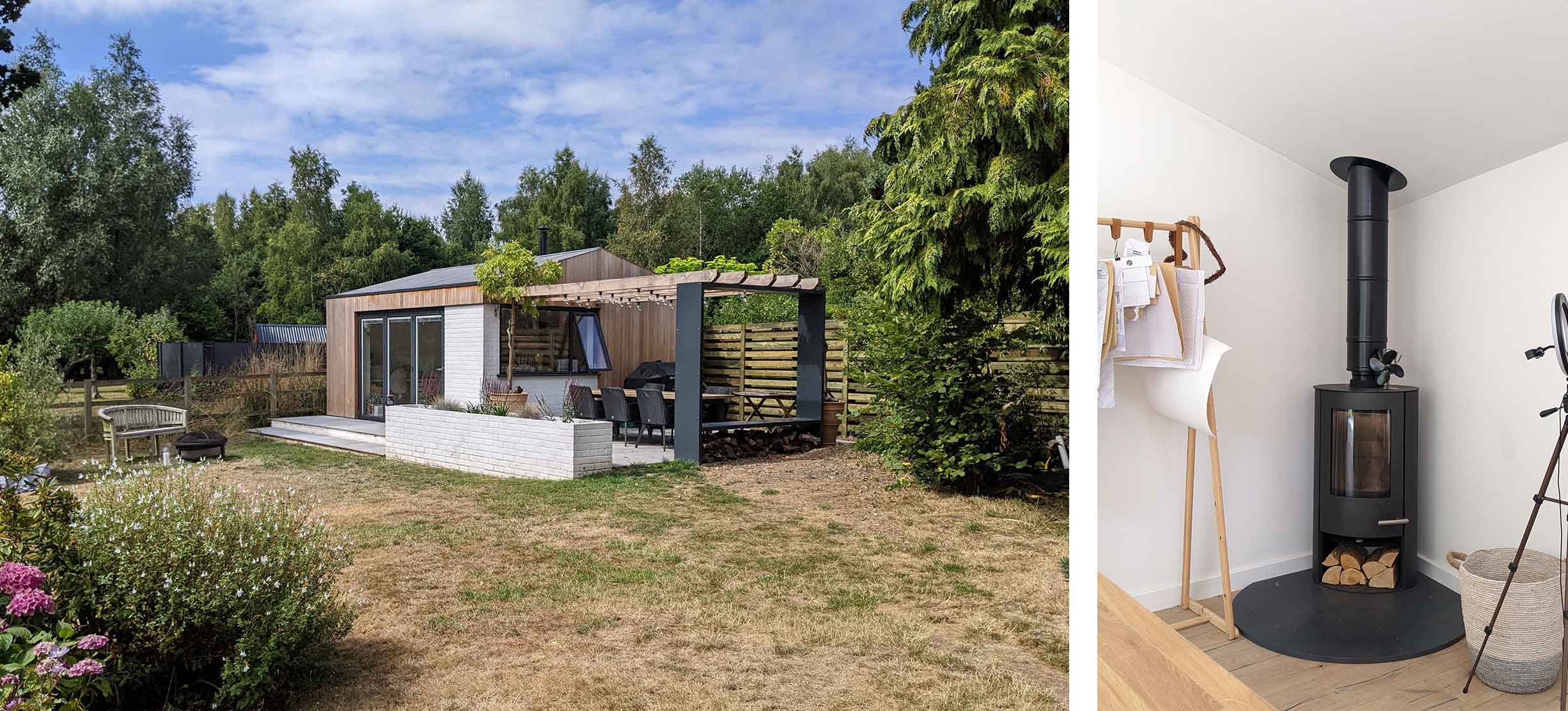Two photos, one of a white painted brick and timber clad garden workshop and the other of a small black log burner.