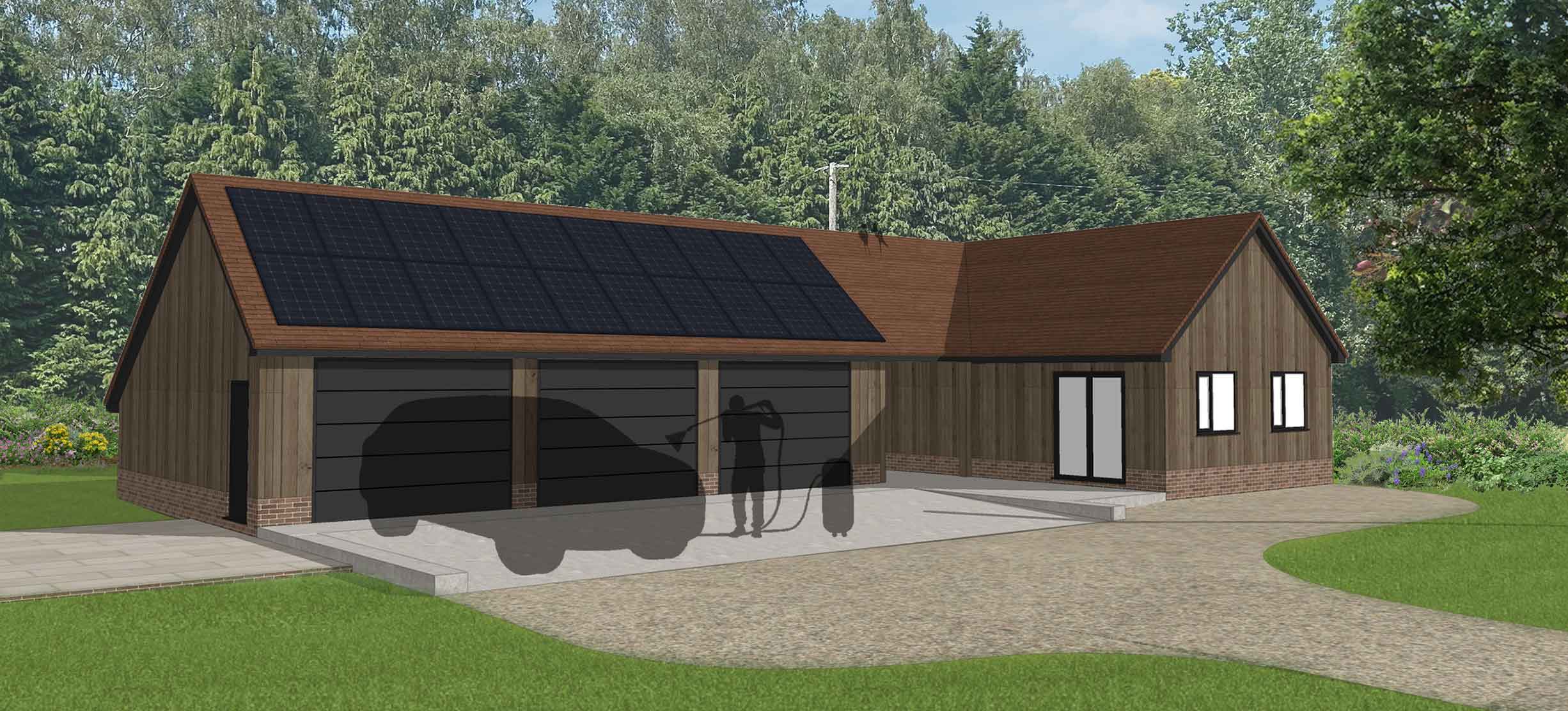 Architectural render of a triple garage with three dark grey doors, mid tone timber cladding and a red tile roof.