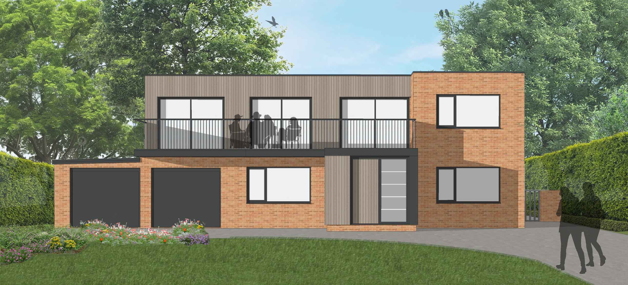 A render of a yellow brick house with areas of silver timber cladding surrounded by trees.