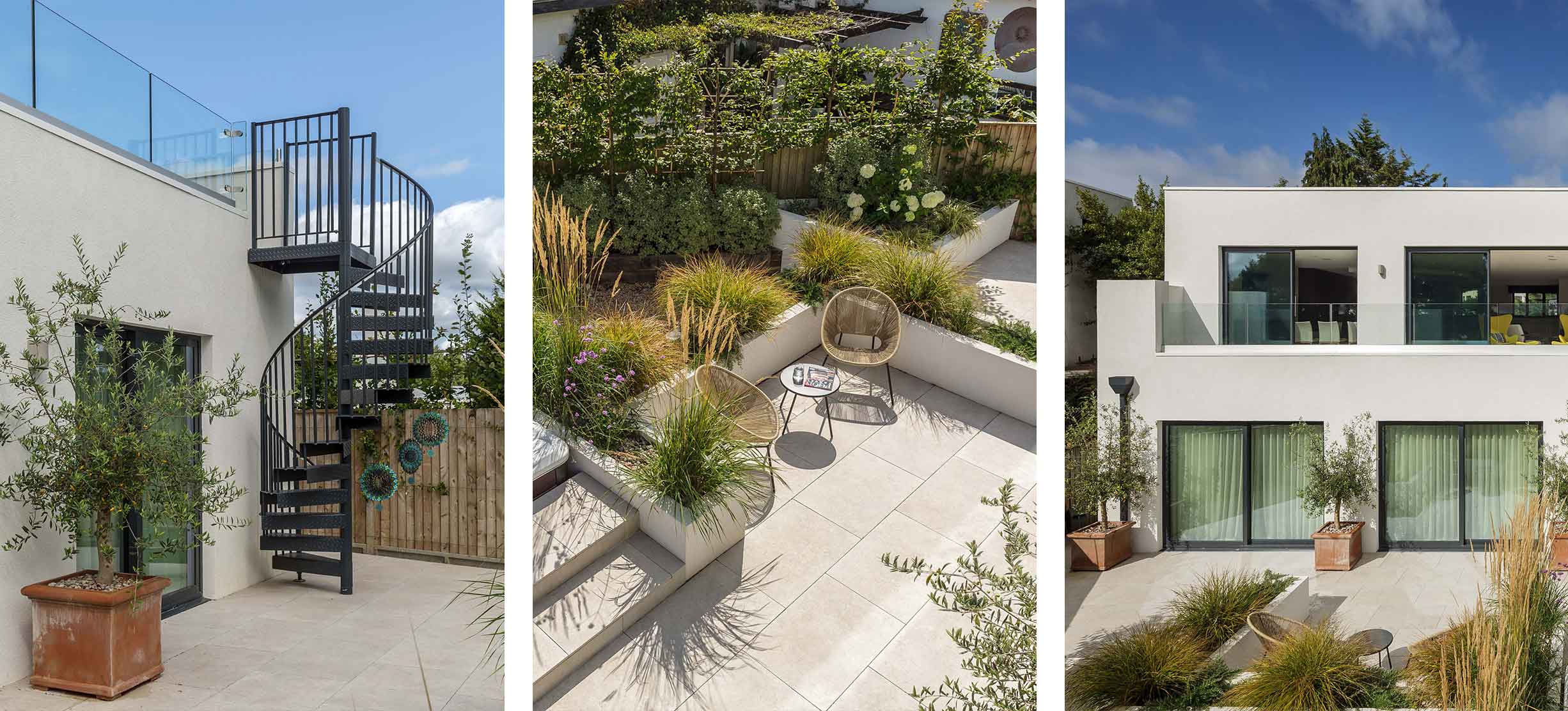 Three images of the same white rendered house with a focus on the beige hard landscaping and ornamental grass planting.