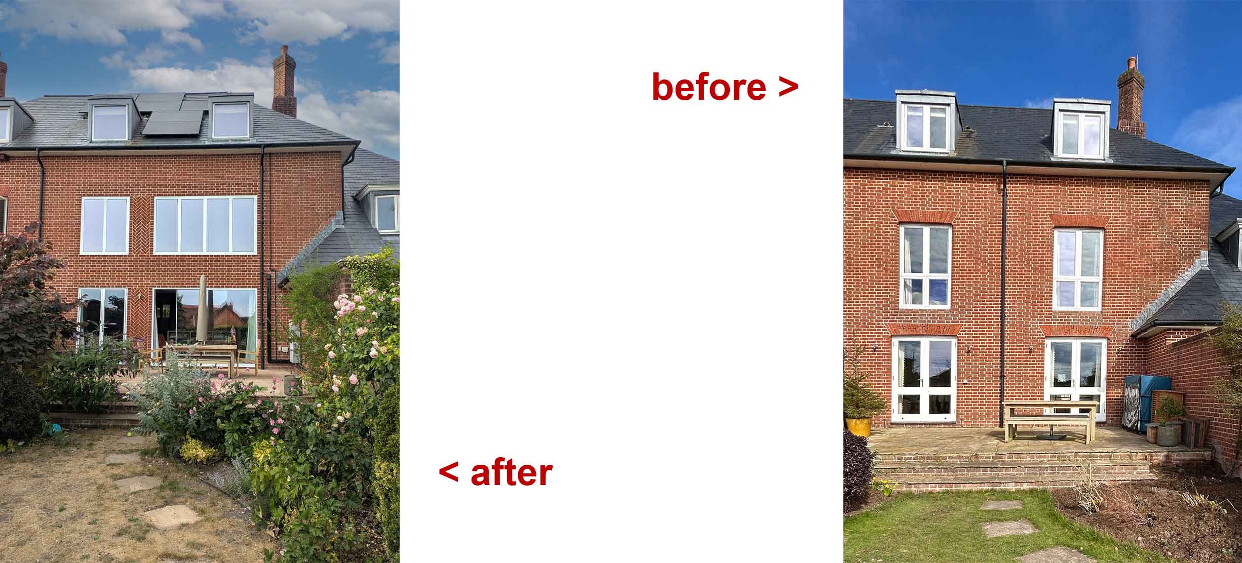 Before and after photos of the same red brick mid terrace house that had bigger windows and doors installed with herringbone brickwork between