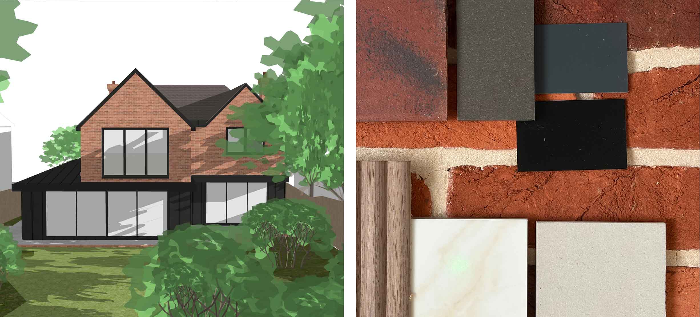 An architectural render of a house shrouded by trees next to an image of a material palette of red brick, dark metal, stone, and wood.