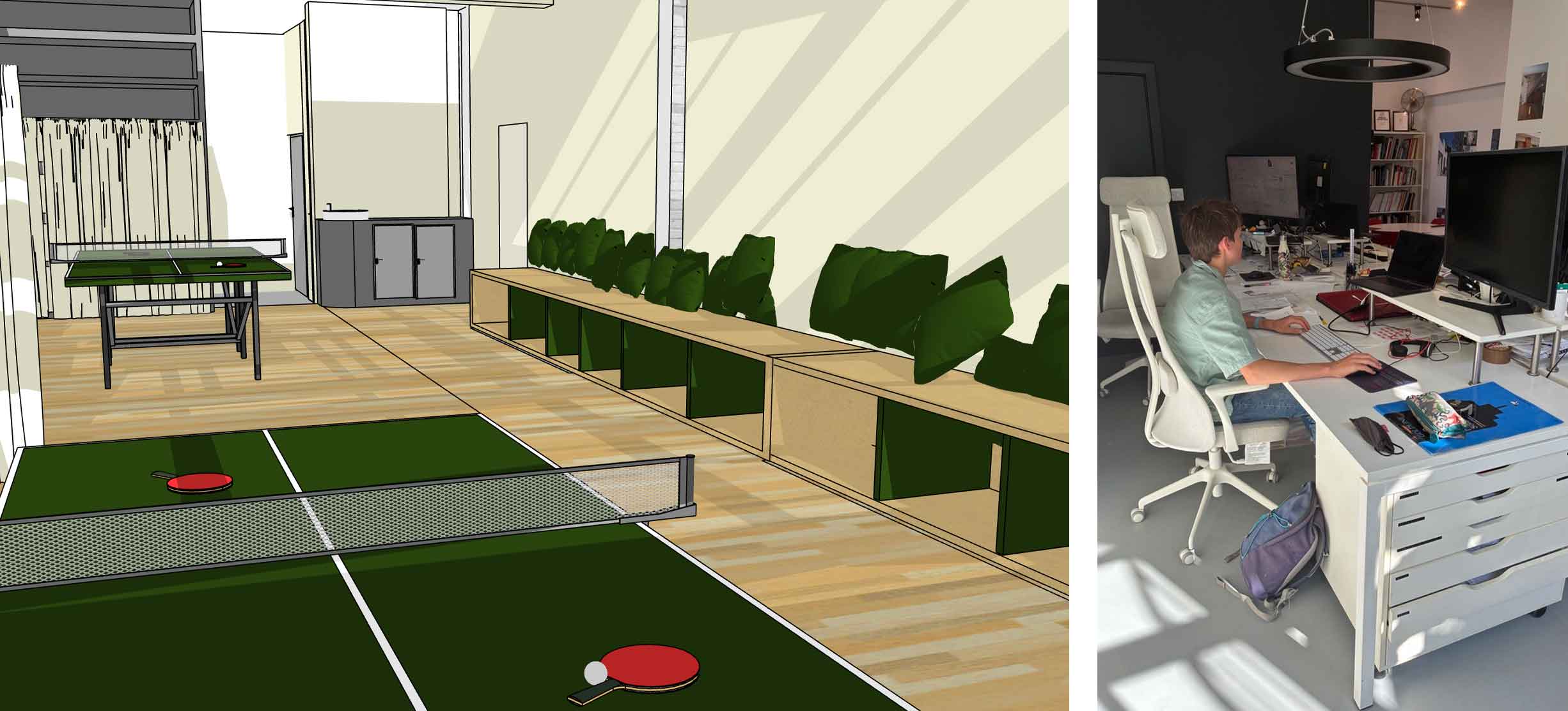 A 3D render of a room with table tennis tables in it next to a picture of a boy sat at a desk with a computer