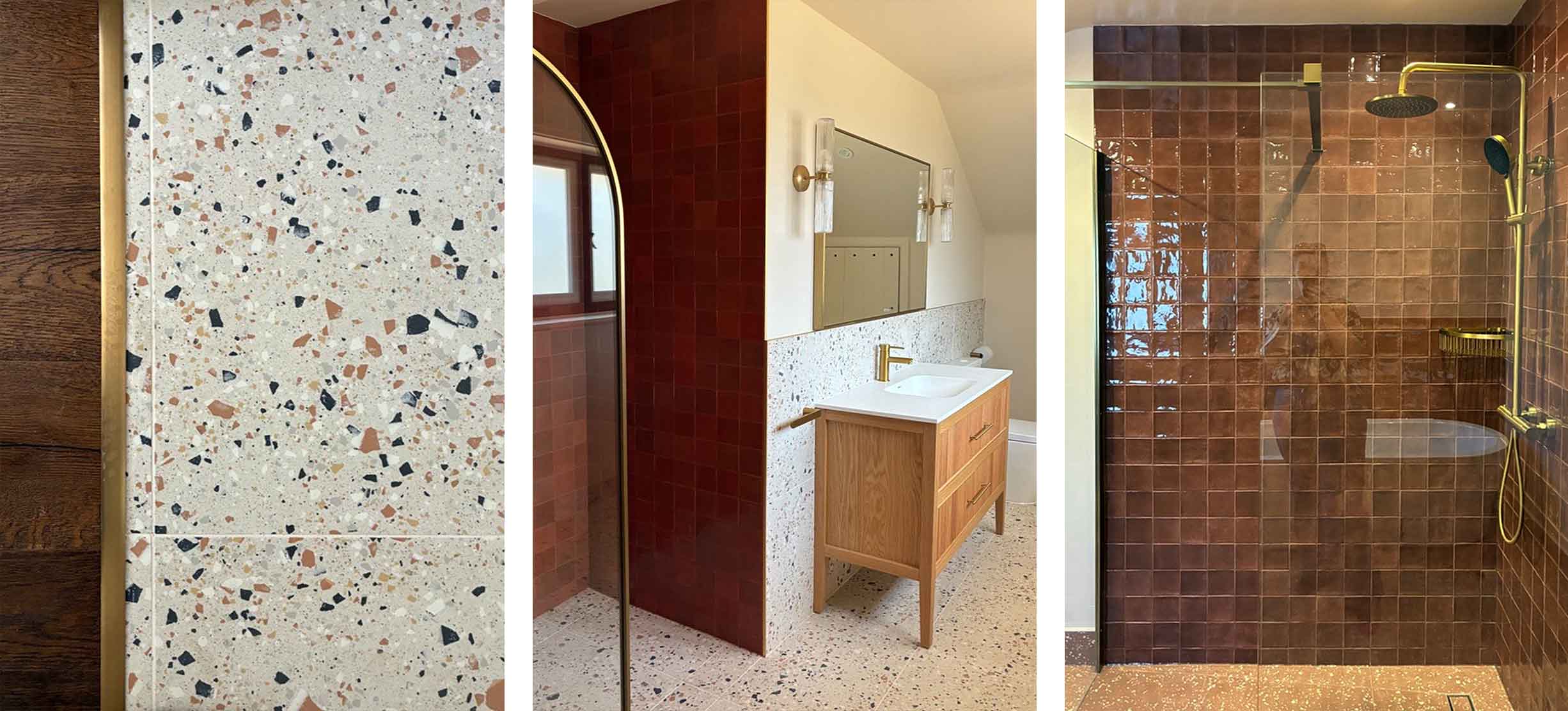 Three pictures of bathrooms with warm, earthy tone floor and walls tiles finishes with accents of gold and wood.