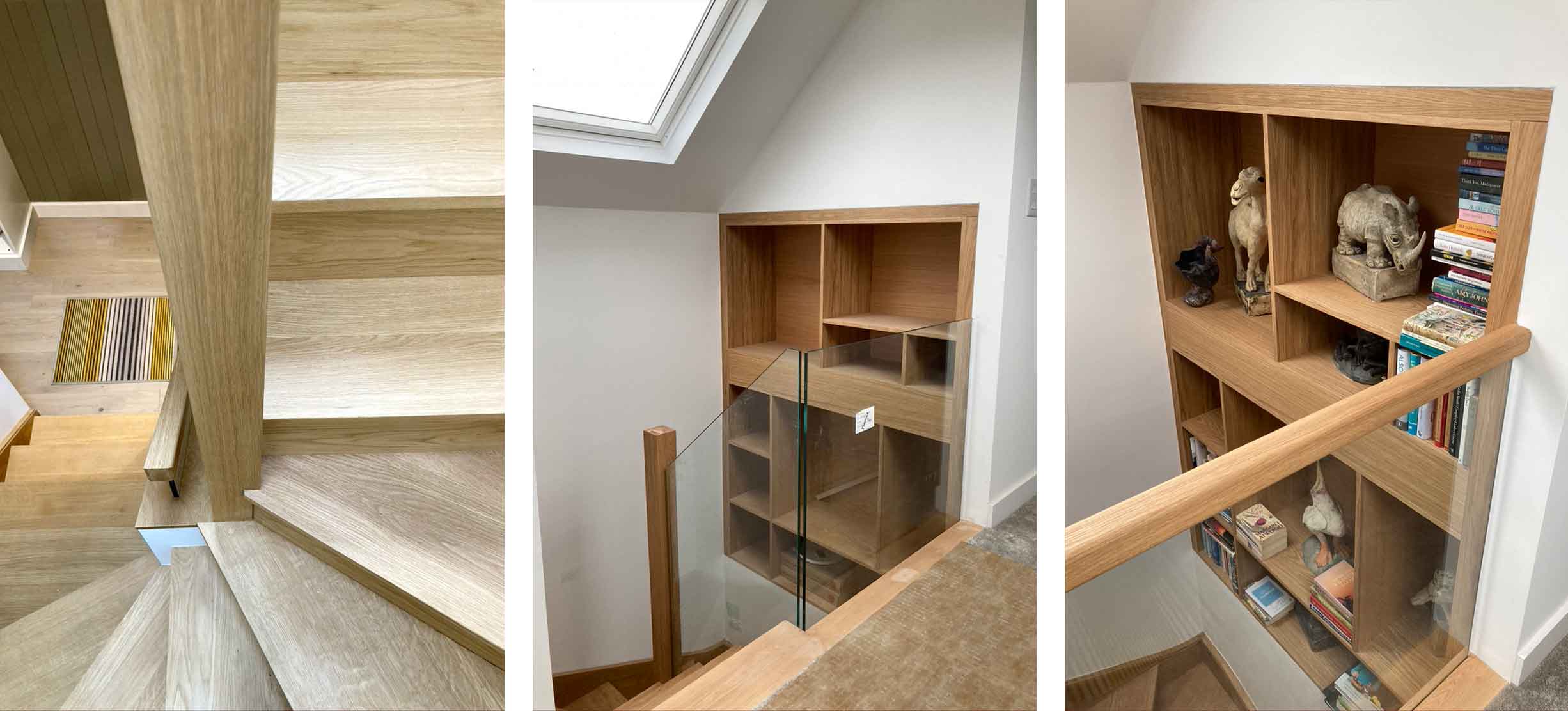 A picture of a pale timber staircase next to two pictures of decorative nooks with books and sculptures in.