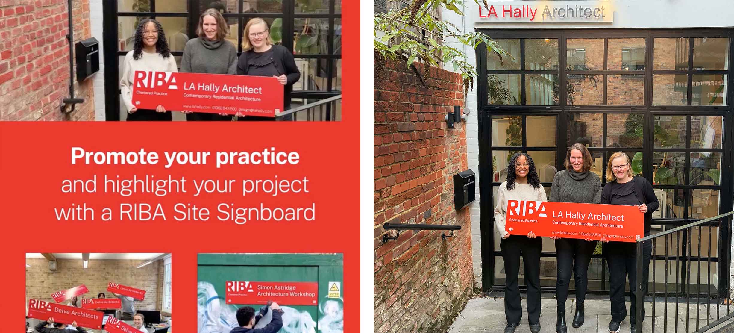 Pictures of people stood with red rectangular boards collaged around text that reads "Promote your practice and highlight your project with a RIBA Site Signboard".